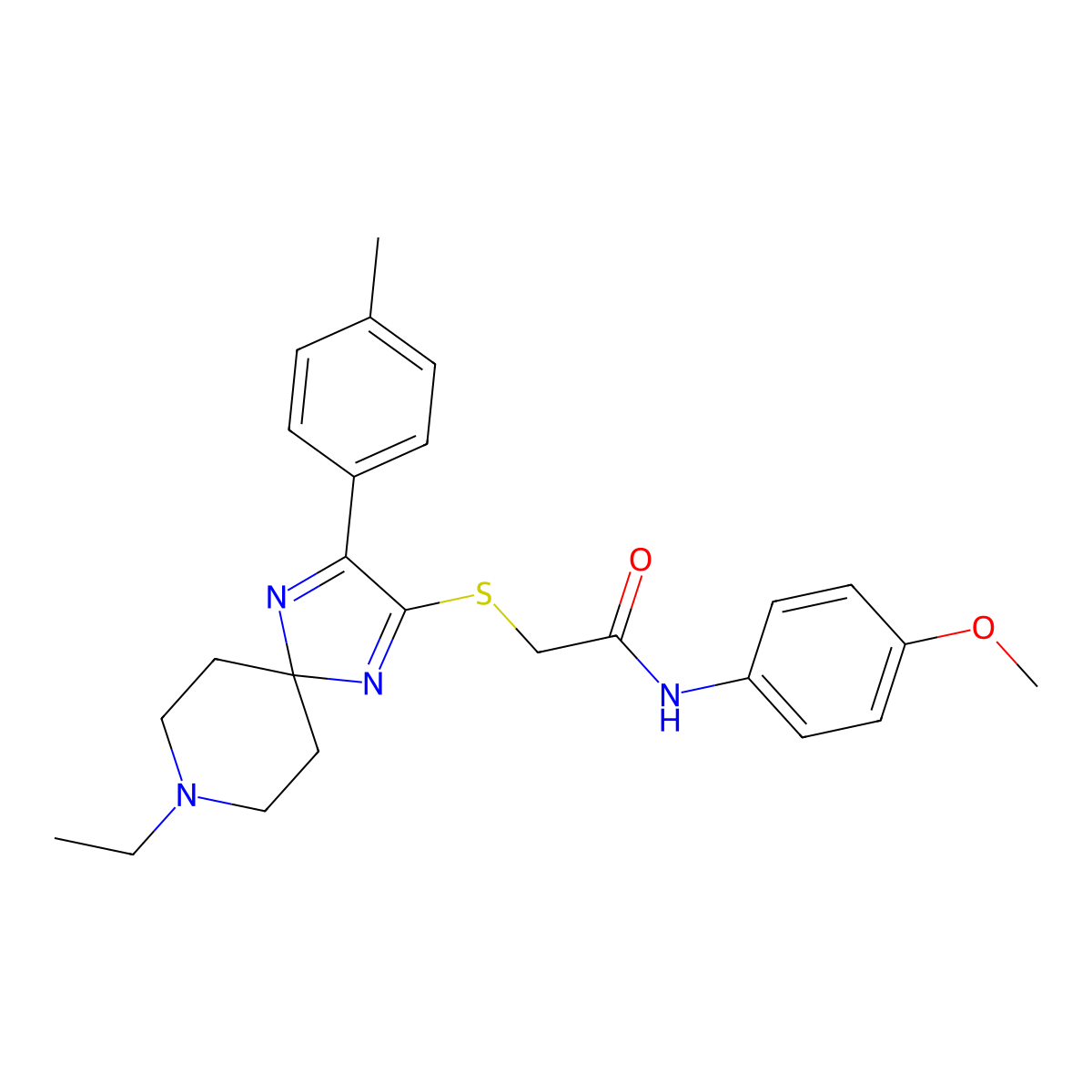 2-((8-ethyl-3-(p-tolyl)-1,4,8-triazaspiro[4.5]deca-1,3-dien-2-yl)thio)-N-(4-methoxyphenyl)acetamide molecular structure, CAS 1184972-29-9