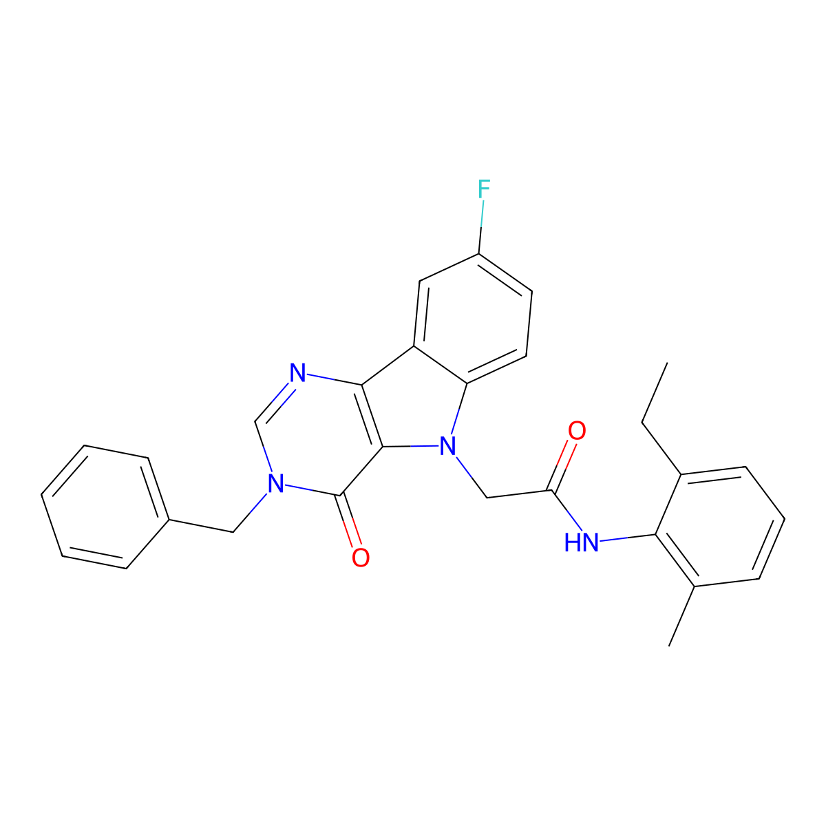 2-(3-benzyl-8-fluoro-4-oxo-3H-pyrimido[5,4-b]indol-5(4H)-yl)-N-(2-ethyl-6-methylphenyl)acetamide molecular structure, CAS 1184974-03-5
