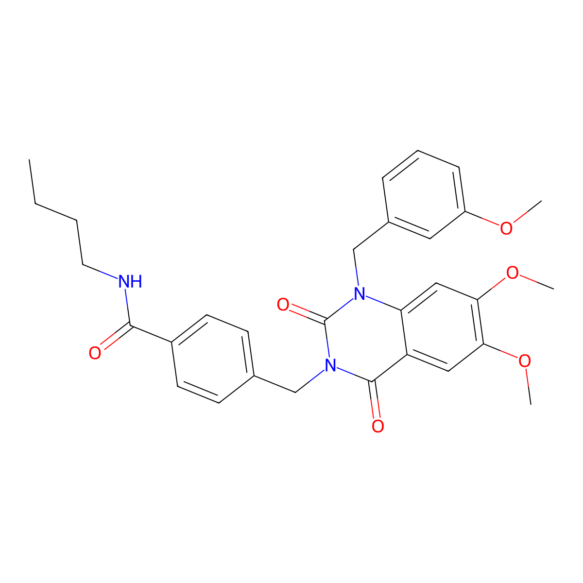 N-butyl-4-((6,7-dimethoxy-1-(3-methoxybenzyl)-2,4-dioxo-1,2-dihydroquinazolin-3(4H)-yl)methyl)benzamide molecular structure, CAS 1184978-74-2