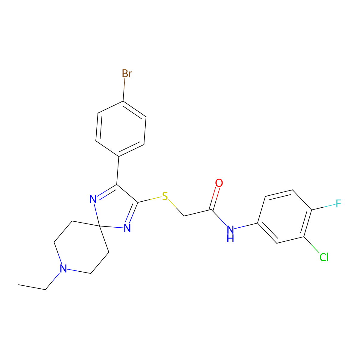 2-((3-(4-bromophenyl)-8-ethyl-1,4,8-triazaspiro[4.5]deca-1,3-dien-2-yl)thio)-N-(3-chloro-4-fluorophenyl)acetamide molecular structure, CAS 1184979-56-3