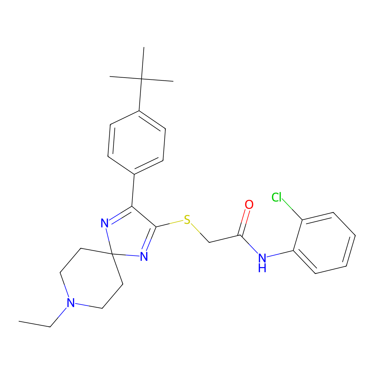 2-{[3-(4-tert-butylphenyl)-8-ethyl-1,4,8-triazaspiro[4.5]deca-1,3-dien-2-yl]sulfanyl}-N-(2-chlorophenyl)acetamide molecular structure, CAS 1184980-43-5