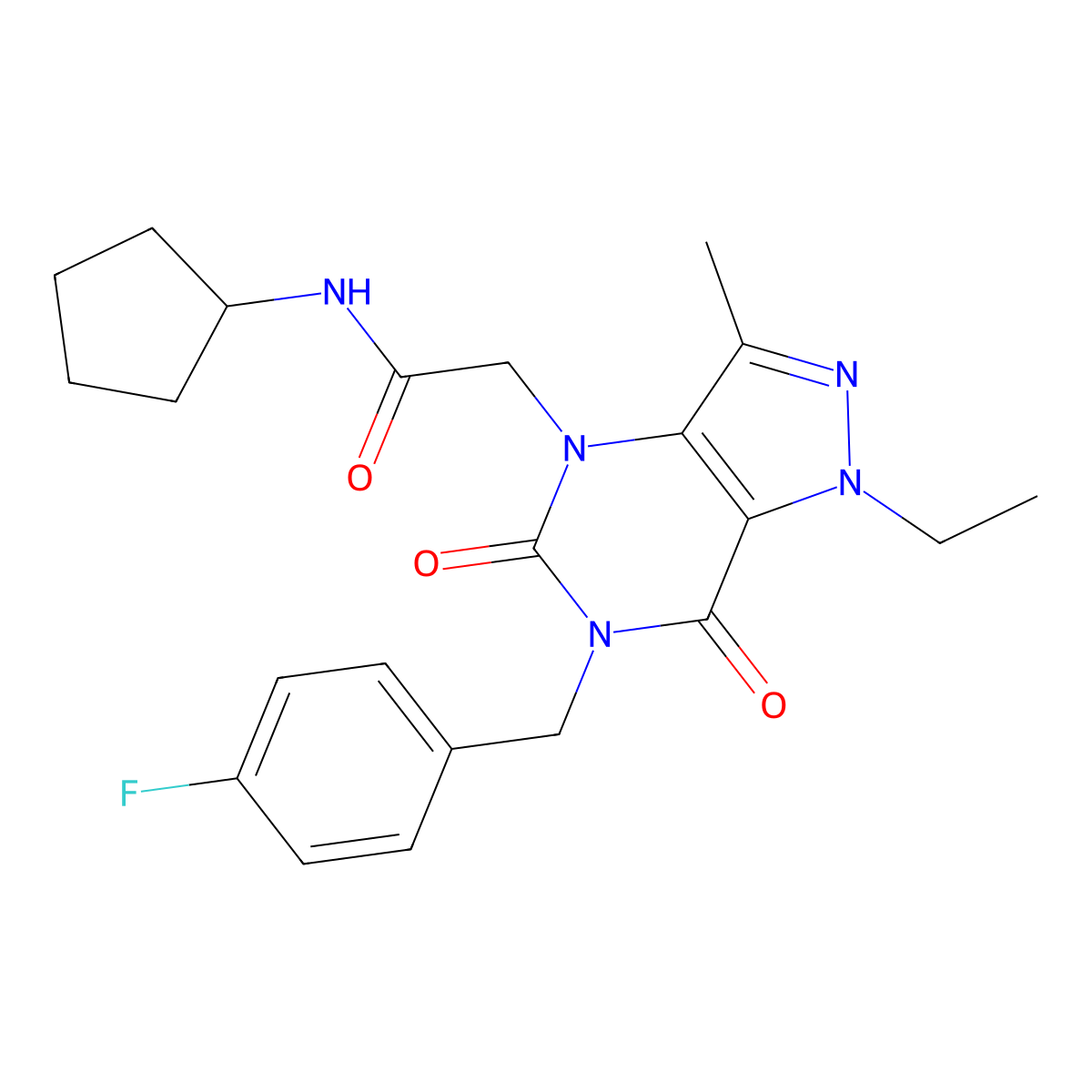 N-cyclopentyl-2-(1-ethyl-6-(4-fluorobenzyl)-3-methyl-5,7-dioxo-6,7-dihydro-1H-pyrazolo[4,3-d]pyrimidin-4(5H)-yl)acetamide molecular structure, CAS 1184981-48-3