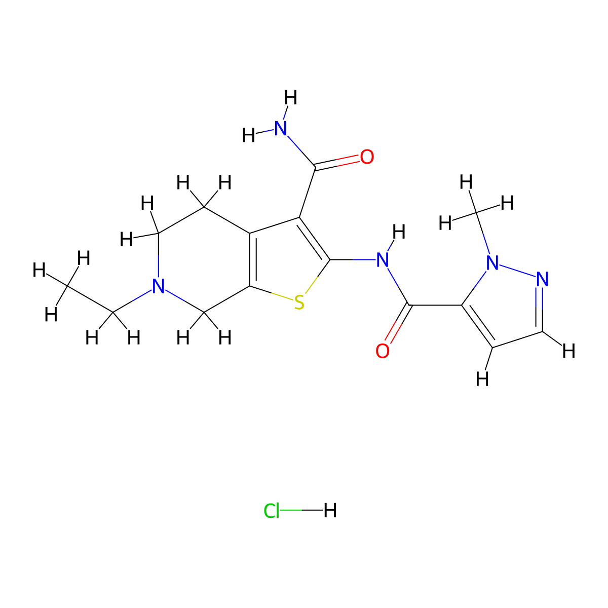 6-ethyl-2-(1-methyl-1H-pyrazole-5-carboxamido)-4,5,6,7-tetrahydrothieno[2,3-c]pyridine-3-carboxamide hydrochloride molecular structure, CAS 1184983-02-5