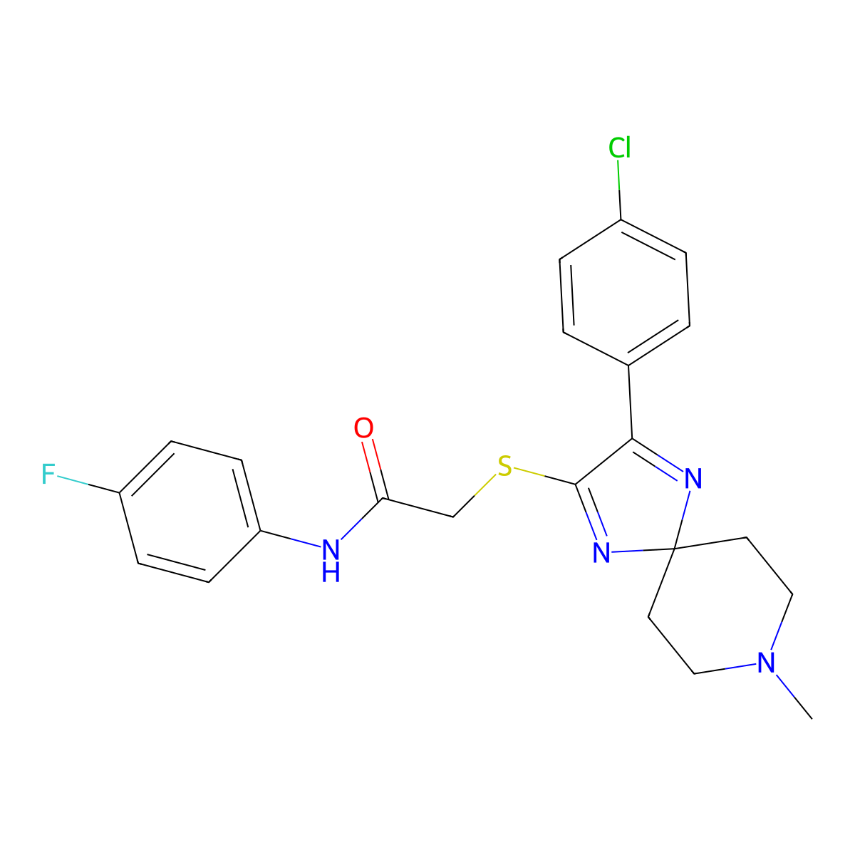 2-((3-(4-chlorophenyl)-8-methyl-1,4,8-triazaspiro[4.5]deca-1,3-dien-2-yl)thio)-N-(4-fluorophenyl)acetamide molecular structure, CAS 1184983-93-4