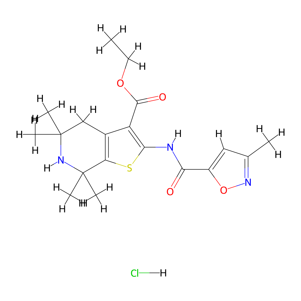 Ethyl 5,5,7,7-tetramethyl-2-(3-methylisoxazole-5-carboxamido)-4,5,6,7-tetrahydrothieno[2,3-c]pyridine-3-carboxylate hydrochloride molecular structure, CAS 1184984-42-6