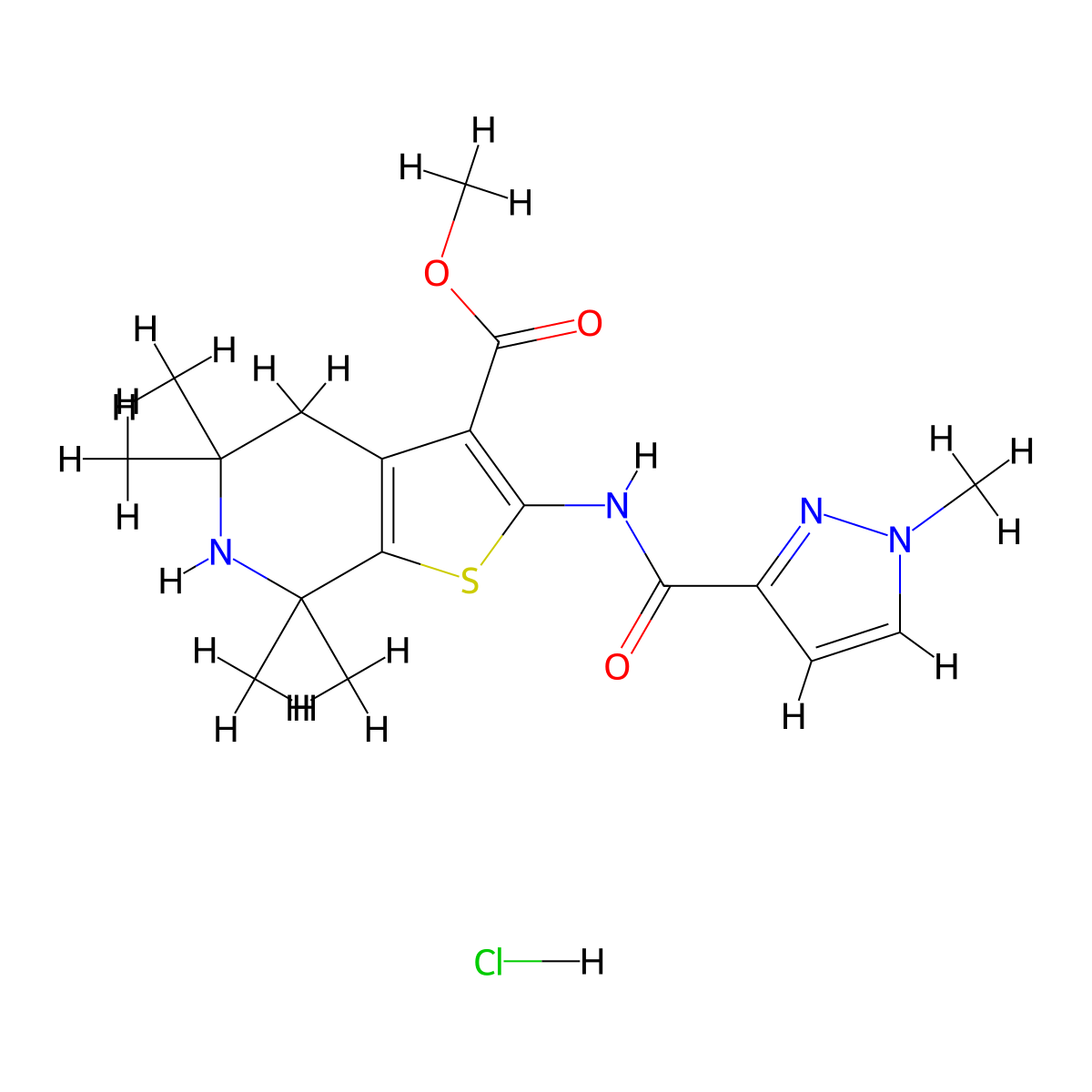 methyl 5,5,7,7-tetramethyl-2-(1-methyl-1H-pyrazole-3-carboxamido)-4,5,6,7-tetrahydrothieno[2,3-c]pyridine-3-carboxylate hydrochloride molecular structure, CAS 1184986-74-0