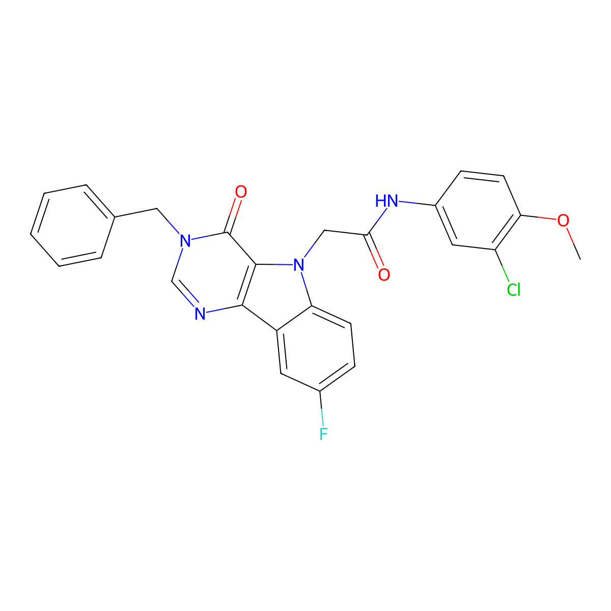 2-(3-benzyl-8-fluoro-4-oxo-3H-pyrimido[5,4-b]indol-5(4H)-yl)-N-(3-chloro-4-methoxyphenyl)acetamide molecular structure, CAS 1184986-90-0