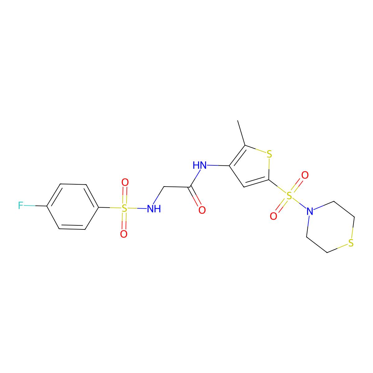 2-(4-Fluorobenzenesulfonamido)-N-[2-methyl-5-(thiomorpholine-4-sulfonyl)thiophen-3-YL]acetamide molecular structure, CAS 1184987-29-8