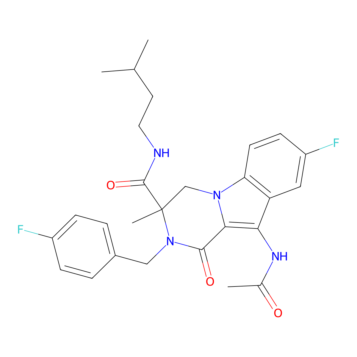 10-(acetylamino)-8-fluoro-2-(4-fluorobenzyl)-3-methyl-N-(3-methylbutyl)-1-oxo-1,2,3,4-tetrahydropyrazino[1,2-a]indole-3-carboxamide molecular structure, CAS 1184987-93-6
