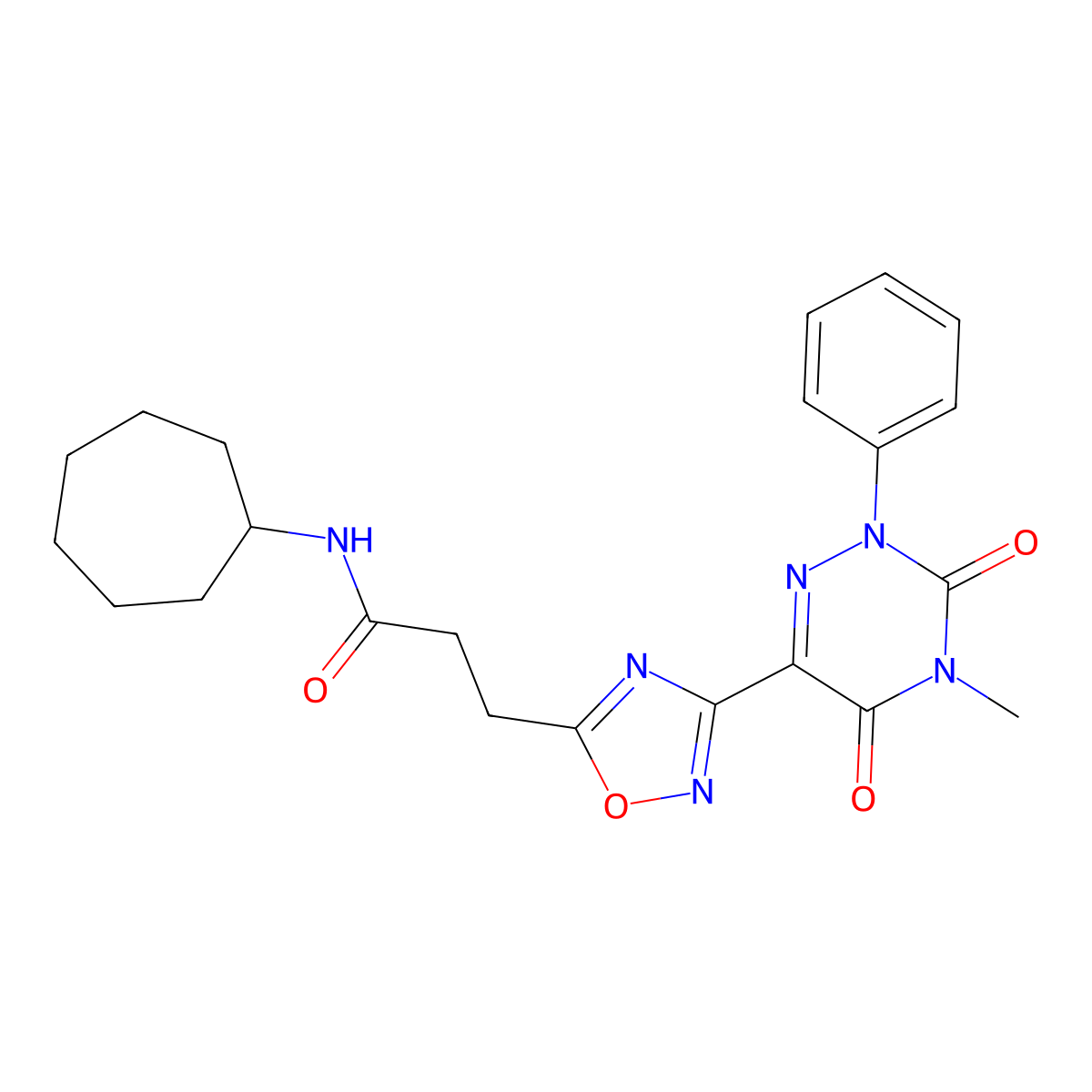 N-cycloheptyl-3-[3-(4-methyl-3,5-dioxo-2-phenyl-2,3,4,5-tetrahydro-1,2,4-triazin-6-yl)-1,2,4-oxadiazol-5-yl]propanamide molecular structure, CAS 1184988-15-5