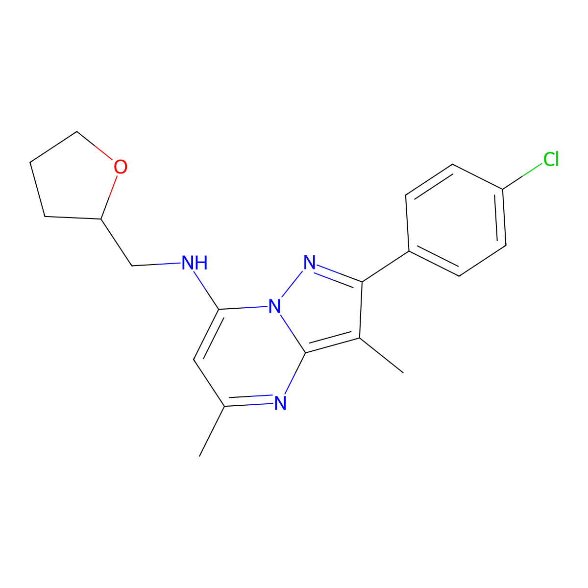 2-(4-chlorophenyl)-3,5-dimethyl-N-(tetrahydrofuran-2-ylmethyl)pyrazolo[1,5-a]pyrimidin-7-amine molecular structure, CAS 1184988-74-6