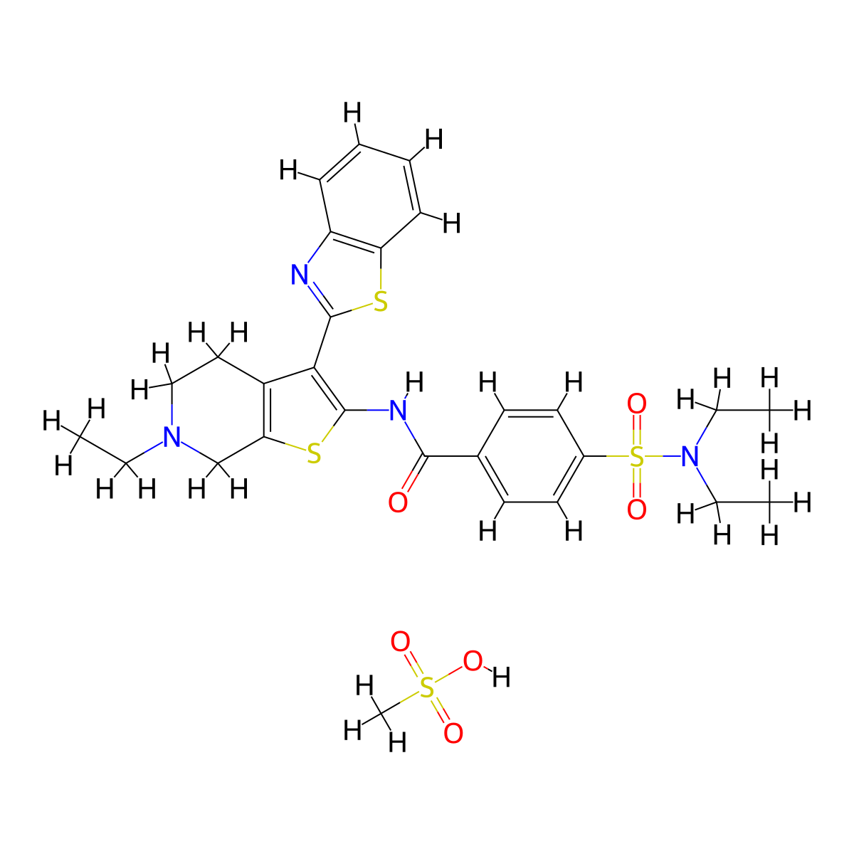 N-(3-(benzo[d]thiazol-2-yl)-6-ethyl-4,5,6,7-tetrahydrothieno[2,3-c]pyridin-2-yl)-4-(N,N-diethylsulfamoyl)benzamide methanesulfonate molecular structure, CAS 1184989-35-2