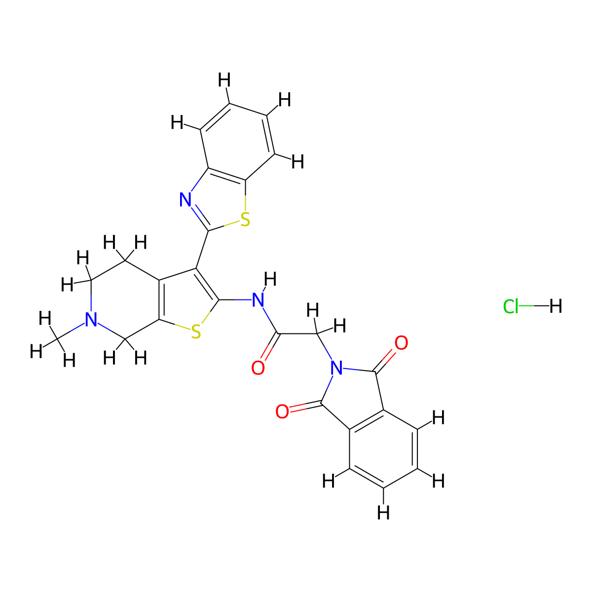 N-(3-(benzo[d]thiazol-2-yl)-6-methyl-4,5,6,7-tetrahydrothieno[2,3-c]pyridin-2-yl)-2-(1,3-dioxoisoindolin-2-yl)acetamide hydrochloride molecular structure, CAS 1184995-19-4