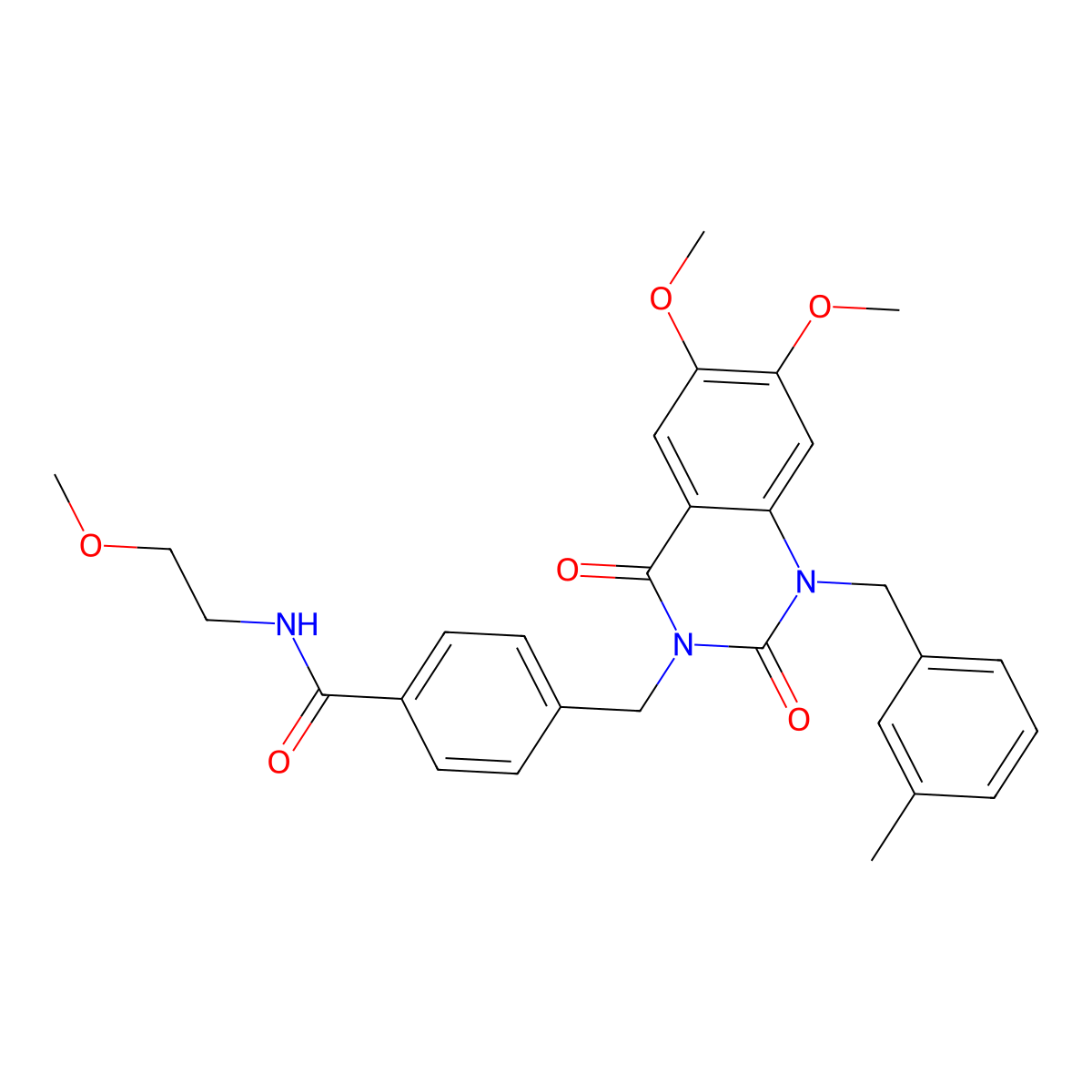 4-{[6,7-dimethoxy-1-(3-methylbenzyl)-2,4-dioxo-1,4-dihydroquinazolin-3(2H)-yl]methyl}-N-(2-methoxyethyl)benzamide molecular structure, CAS 1184996-43-7