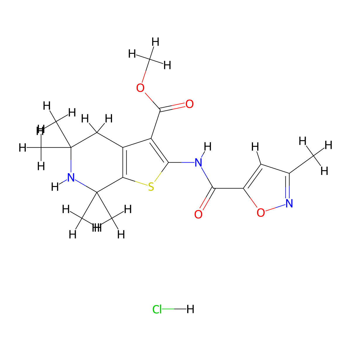 Methyl 5,5,7,7-tetramethyl-2-(3-methylisoxazole-5-carboxamido)-4,5,6,7-tetrahydrothieno[2,3-c]pyridine-3-carboxylate hydrochloride molecular structure, CAS 1184997-22-5