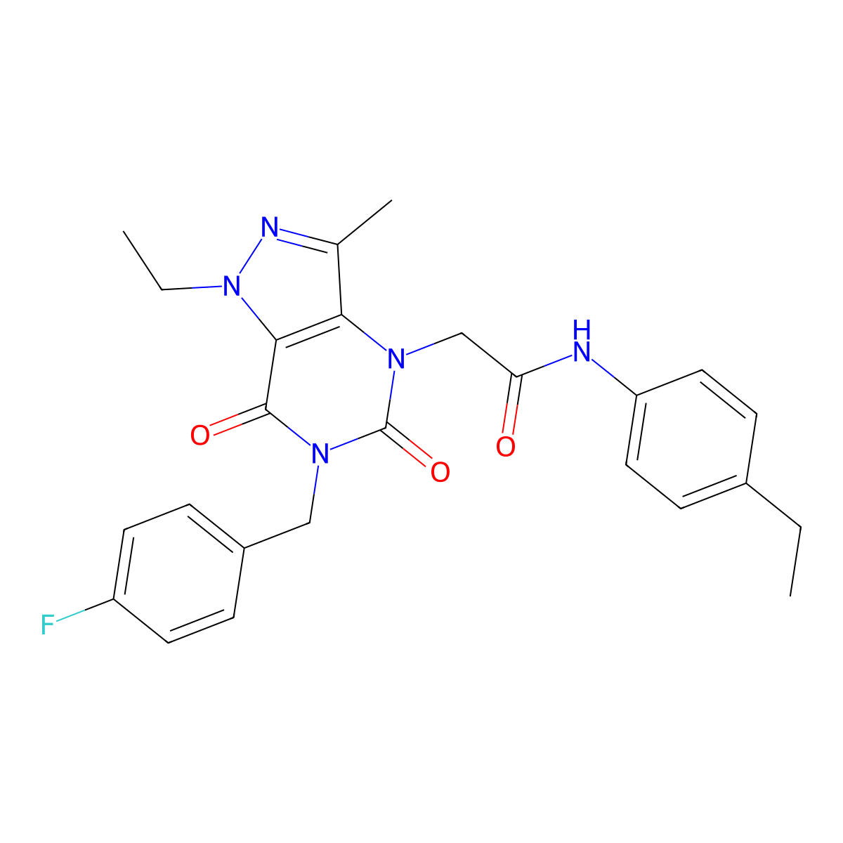 2-(1-ethyl-6-(4-fluorobenzyl)-3-methyl-5,7-dioxo-6,7-dihydro-1H-pyrazolo[4,3-d]pyrimidin-4(5H)-yl)-N-(4-ethylphenyl)acetamide molecular structure, CAS 1184998-70-6