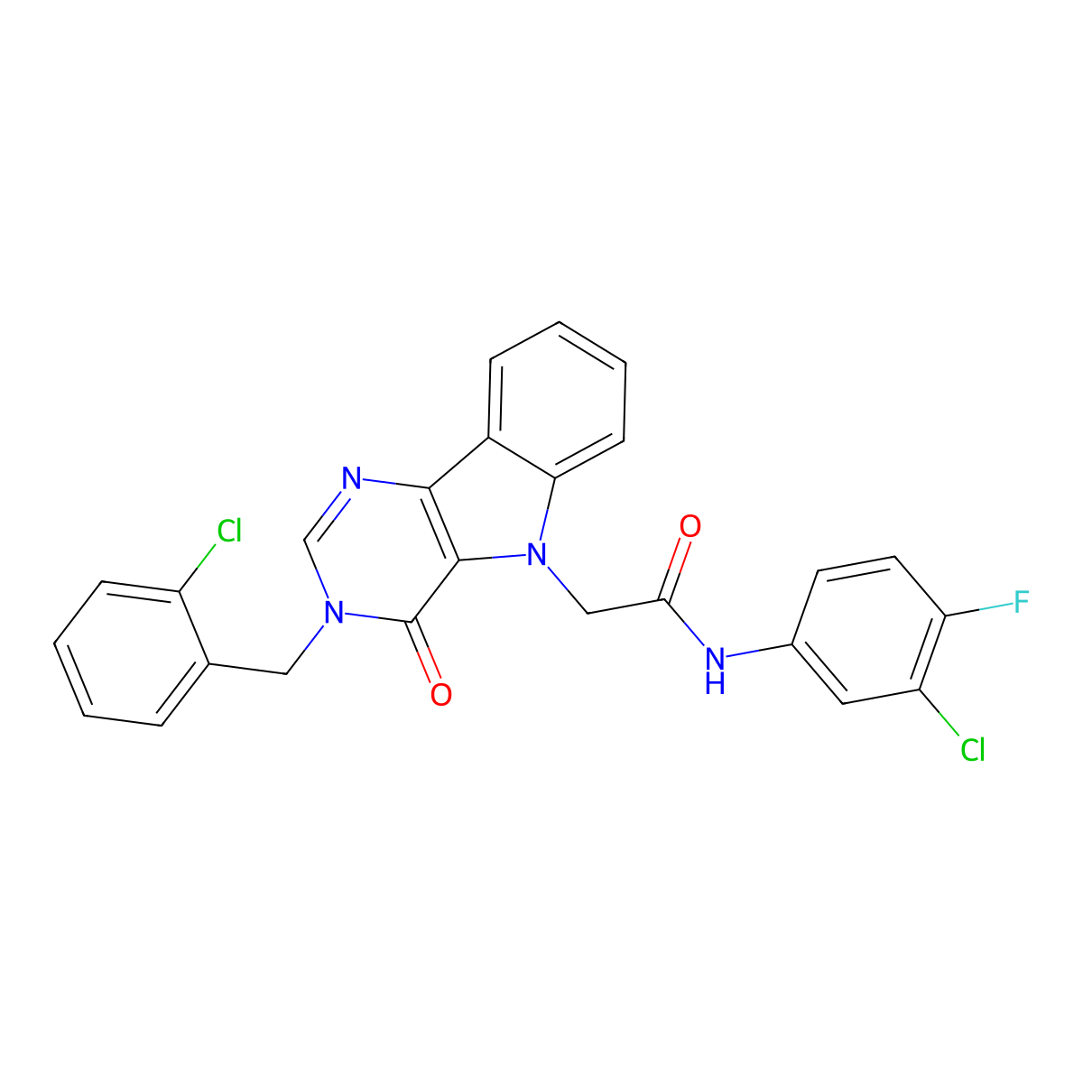 N-(3-chloro-4-fluorophenyl)-2-(3-(2-chlorobenzyl)-4-oxo-3H-pyrimido[5,4-b]indol-5(4H)-yl)acetamide molecular structure, CAS 1185001-28-8