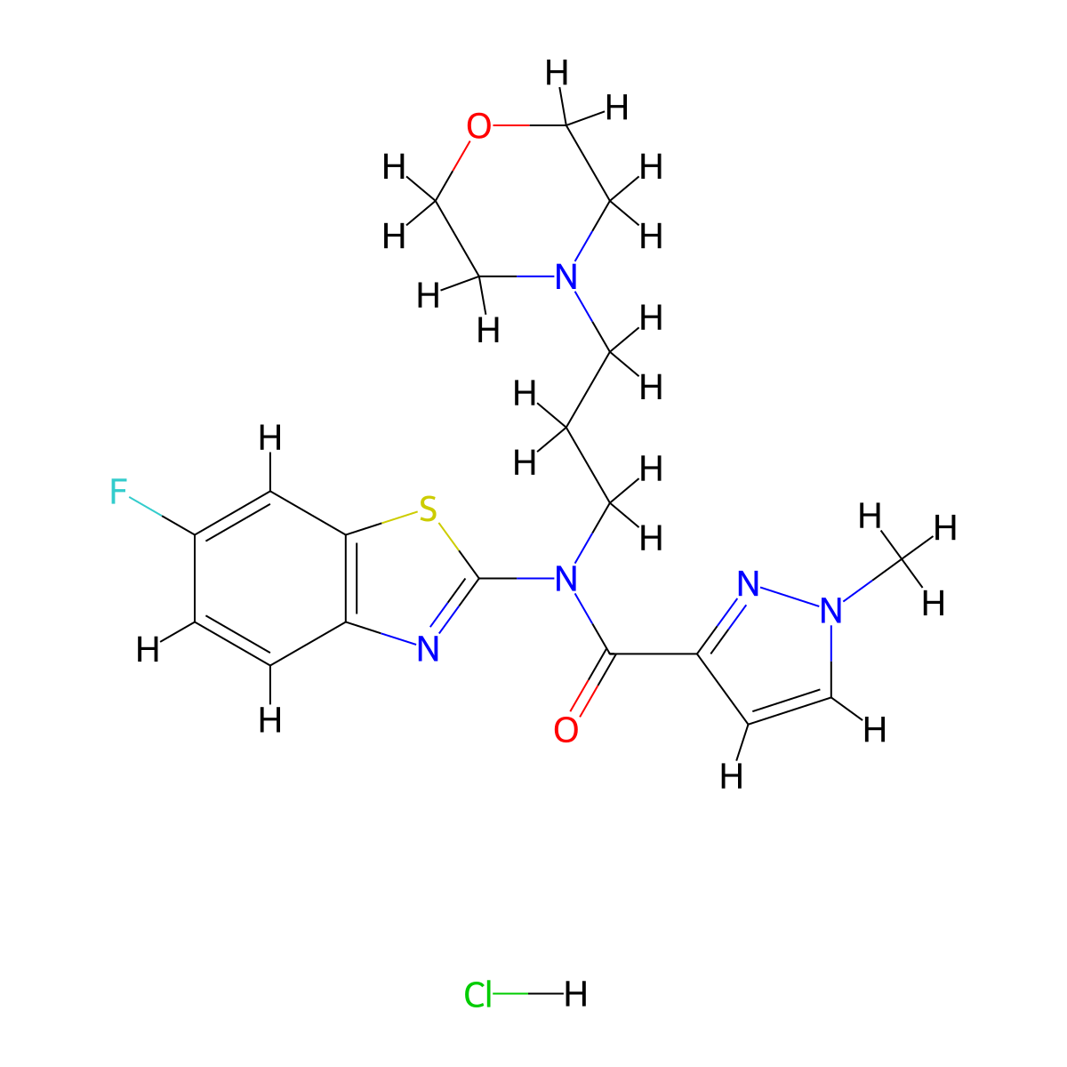 N-(6-fluorobenzo[d]thiazol-2-yl)-1-methyl-N-(3-morpholinopropyl)-1H-pyrazole-3-carboxamide hydrochloride molecular structure, CAS 1185002-51-0