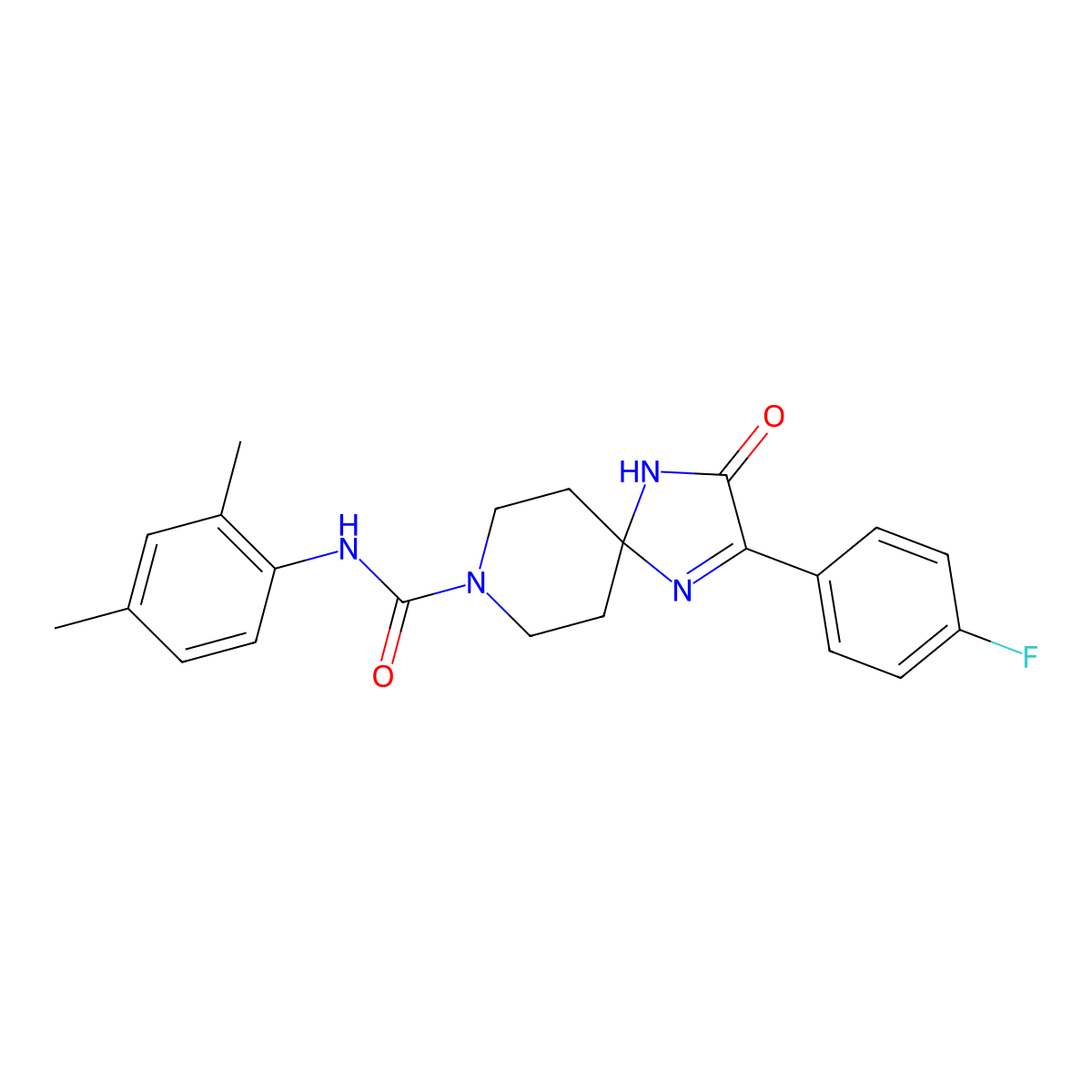 N-(2,4-dimethylphenyl)-2-(4-fluorophenyl)-3-oxo-1,4,8-triazaspiro[4.5]dec-1-ene-8-carboxamide molecular structure, CAS 1185002-79-2