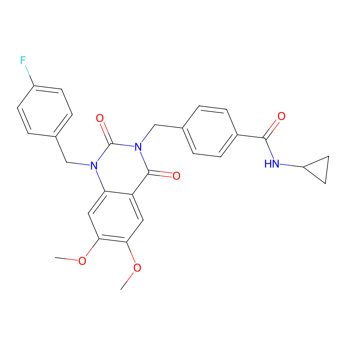 N-cyclopropyl-4-((1-(4-fluorobenzyl)-6,7-dimethoxy-2,4-dioxo-1,2-dihydroquinazolin-3(4H)-yl)methyl)benzamide molecular structure, CAS 1185003-99-9