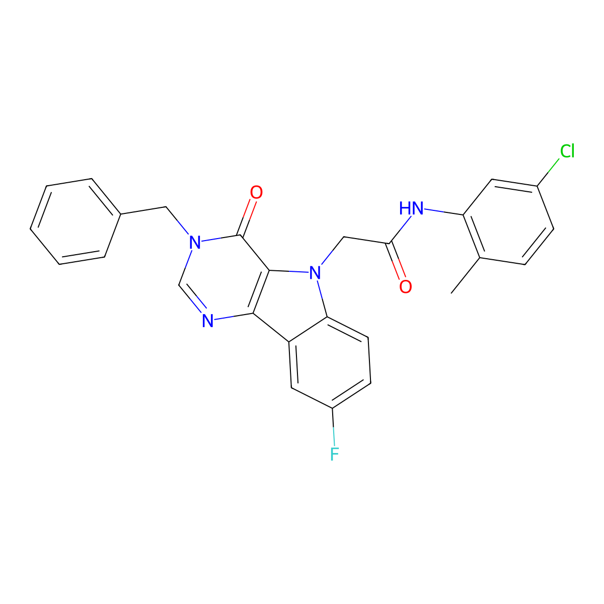 2-(3-benzyl-8-fluoro-4-oxo-3,4-dihydro-5H-pyrimido[5,4-b]indol-5-yl)-N-(5-chloro-2-methylphenyl)acetamide molecular structure, CAS 1185005-07-5