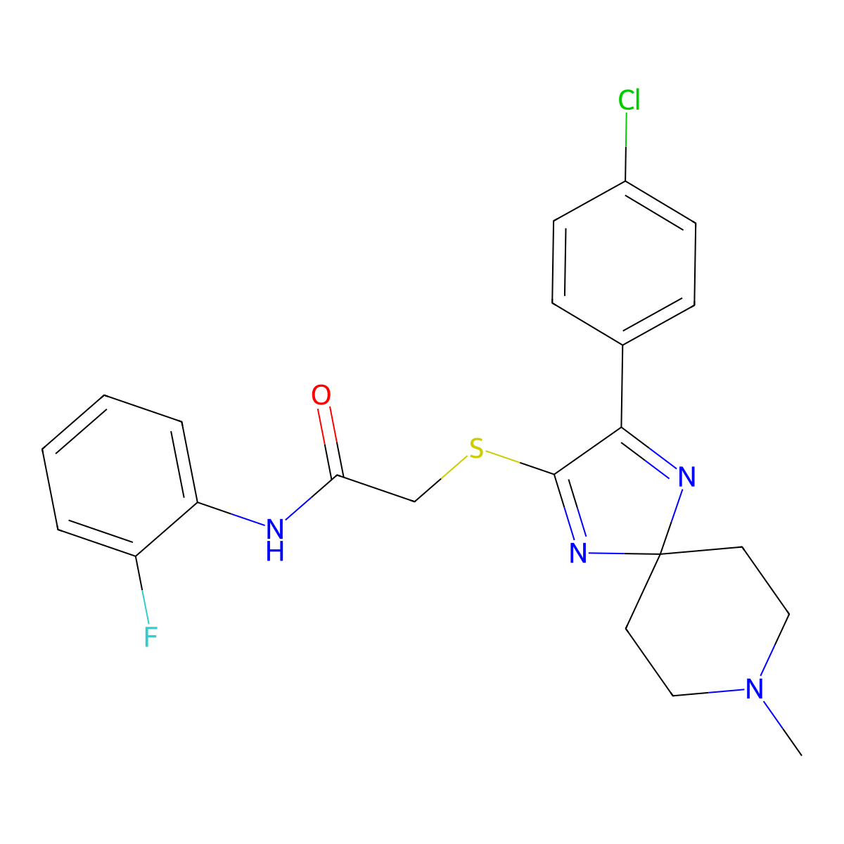 2-((3-(4-chlorophenyl)-8-methyl-1,4,8-triazaspiro[4.5]deca-1,3-dien-2-yl)thio)-N-(2-fluorophenyl)acetamide molecular structure, CAS 1185005-56-4
