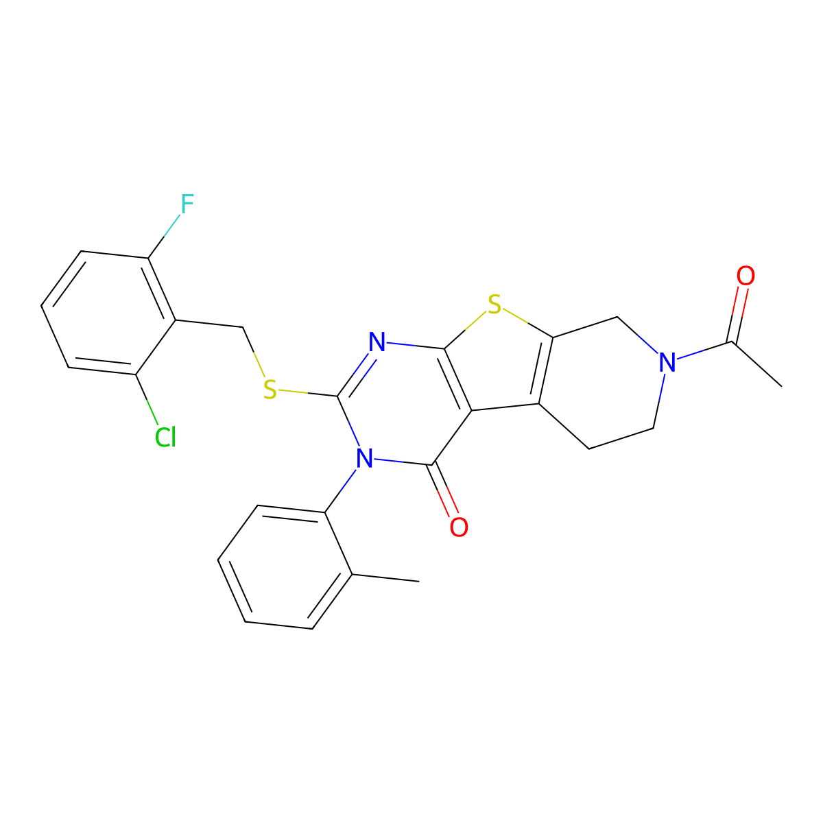 7-acetyl-2-((2-chloro-6-fluorobenzyl)thio)-3-(o-tolyl)-5,6,7,8-tetrahydropyrido[4',3':4,5]thieno[2,3-d]pyrimidin-4(3H)-one molecular structure, CAS 1185006-47-6