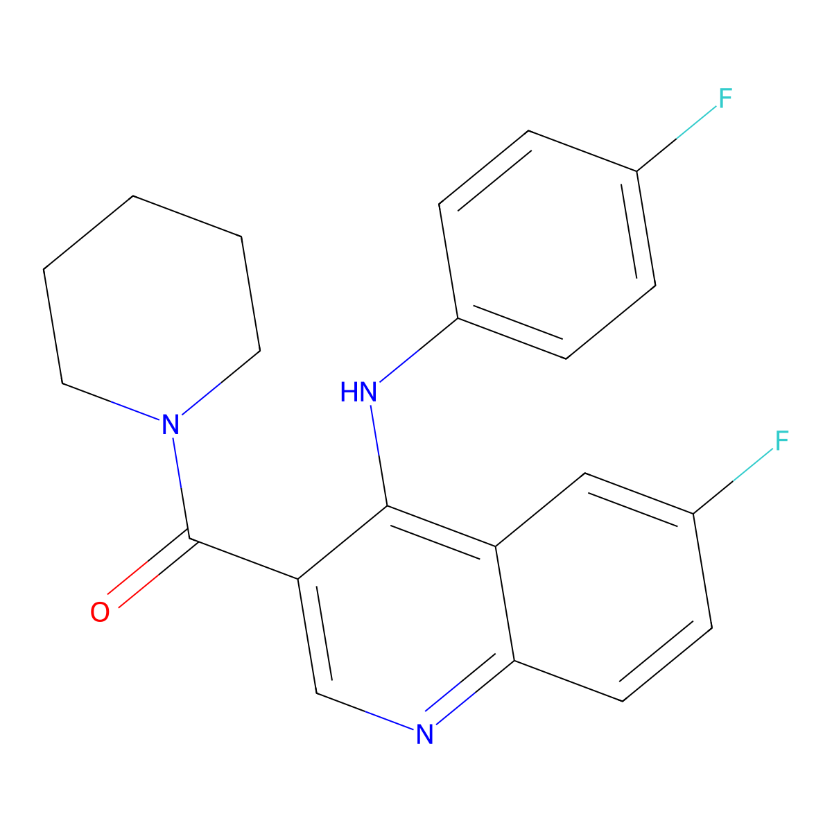 (6-Fluoro-4-((4-fluorophenyl)amino)quinolin-3-yl)(piperidin-1-yl)methanone molecular structure, CAS 1185010-52-9