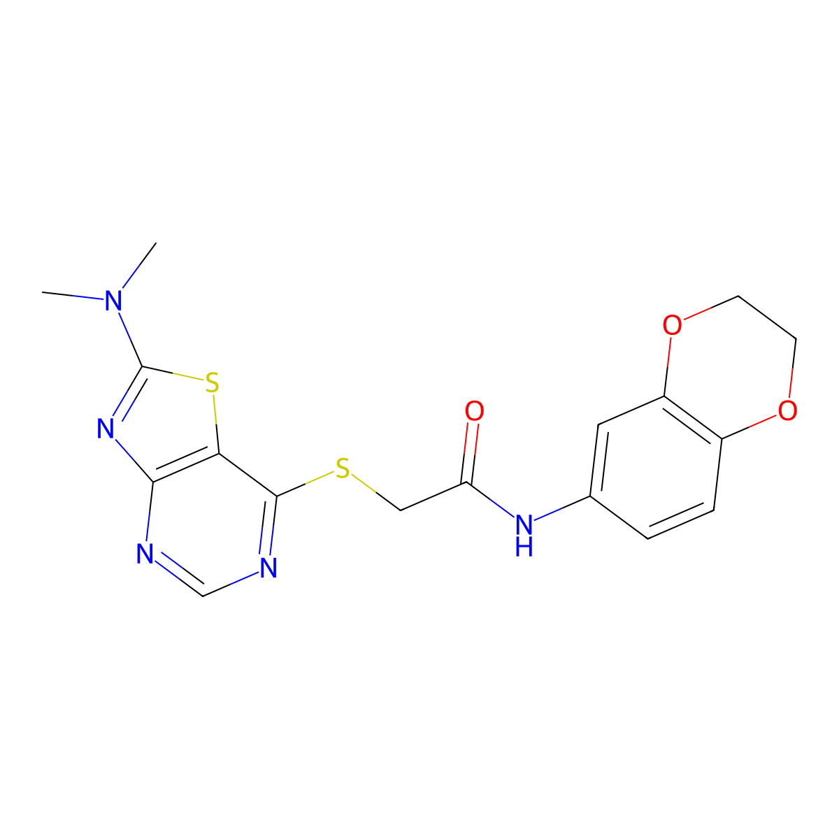N-(2,3-dihydrobenzo[b][1,4]dioxin-6-yl)-2-((2-(dimethylamino)thiazolo[4,5-d]pyrimidin-7-yl)thio)acetamide molecular structure, CAS 1185010-73-4