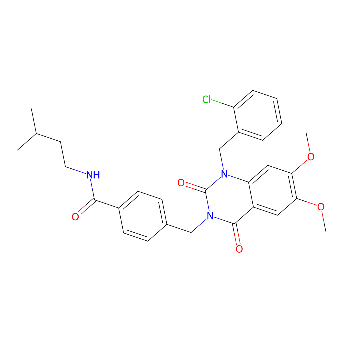 4-((1-(2-chlorobenzyl)-6,7-dimethoxy-2,4-dioxo-1,2-dihydroquinazolin-3(4H)-yl)methyl)-N-isopentylbenzamide molecular structure, CAS 1185015-46-6