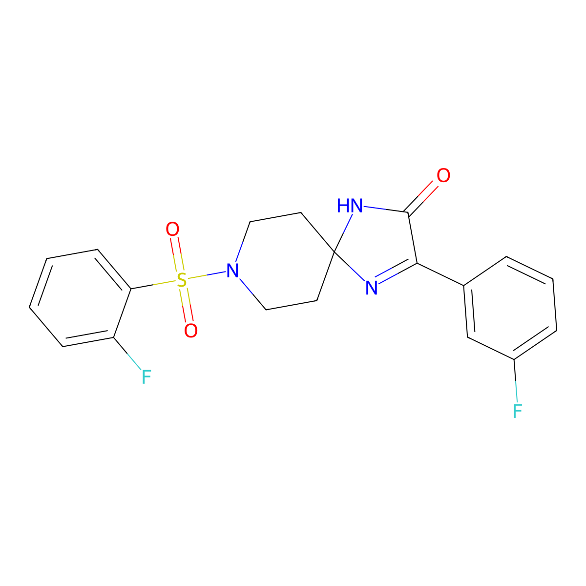 3-(3-Fluorophenyl)-8-((2-fluorophenyl)sulfonyl)-1,4,8-triazaspiro[4.5]dec-3-en-2-one molecular structure, CAS 1185016-70-9