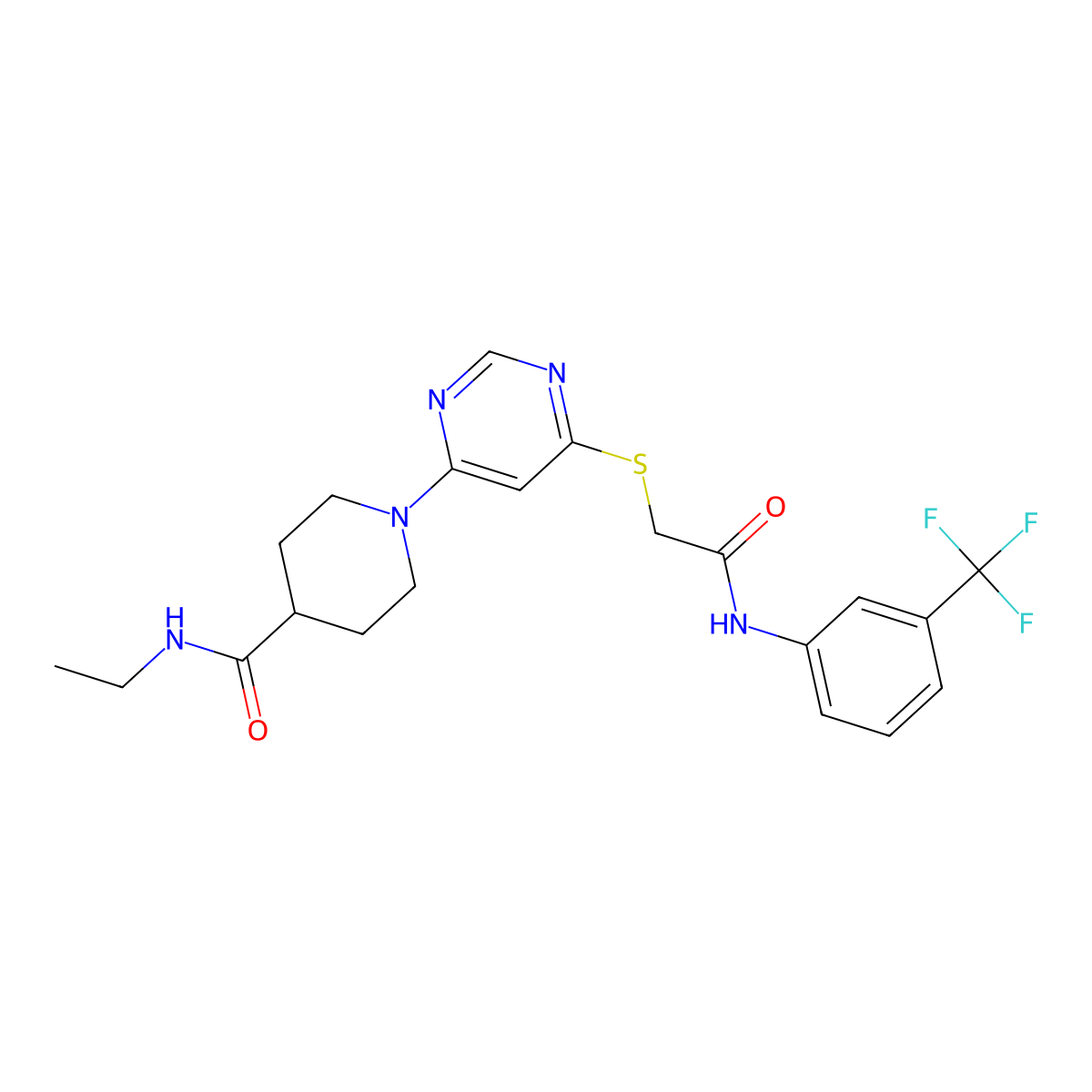 N-ethyl-1-{6-[({[3-(trifluoromethyl)phenyl]carbamoyl}methyl)sulfanyl]pyrimidin-4-yl}piperidine-4-carboxamide molecular structure, CAS 1185018-88-5
