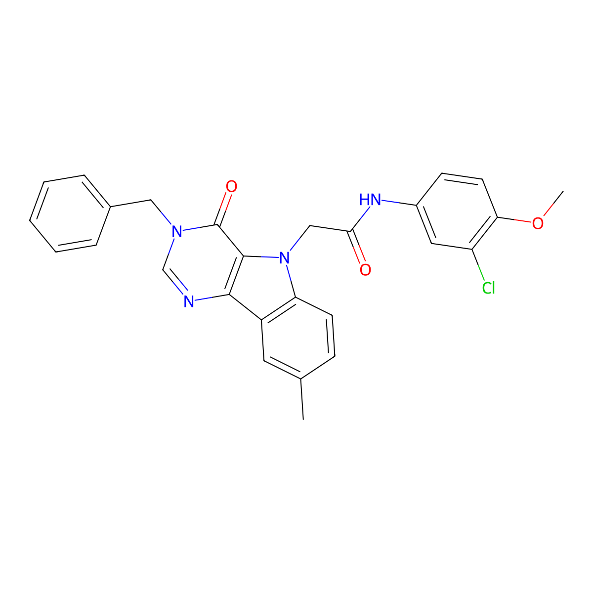 2-(3-benzyl-8-methyl-4-oxo-3H-pyrimido[5,4-b]indol-5(4H)-yl)-N-(3-chloro-4-methoxyphenyl)acetamide molecular structure, CAS 1185019-11-7