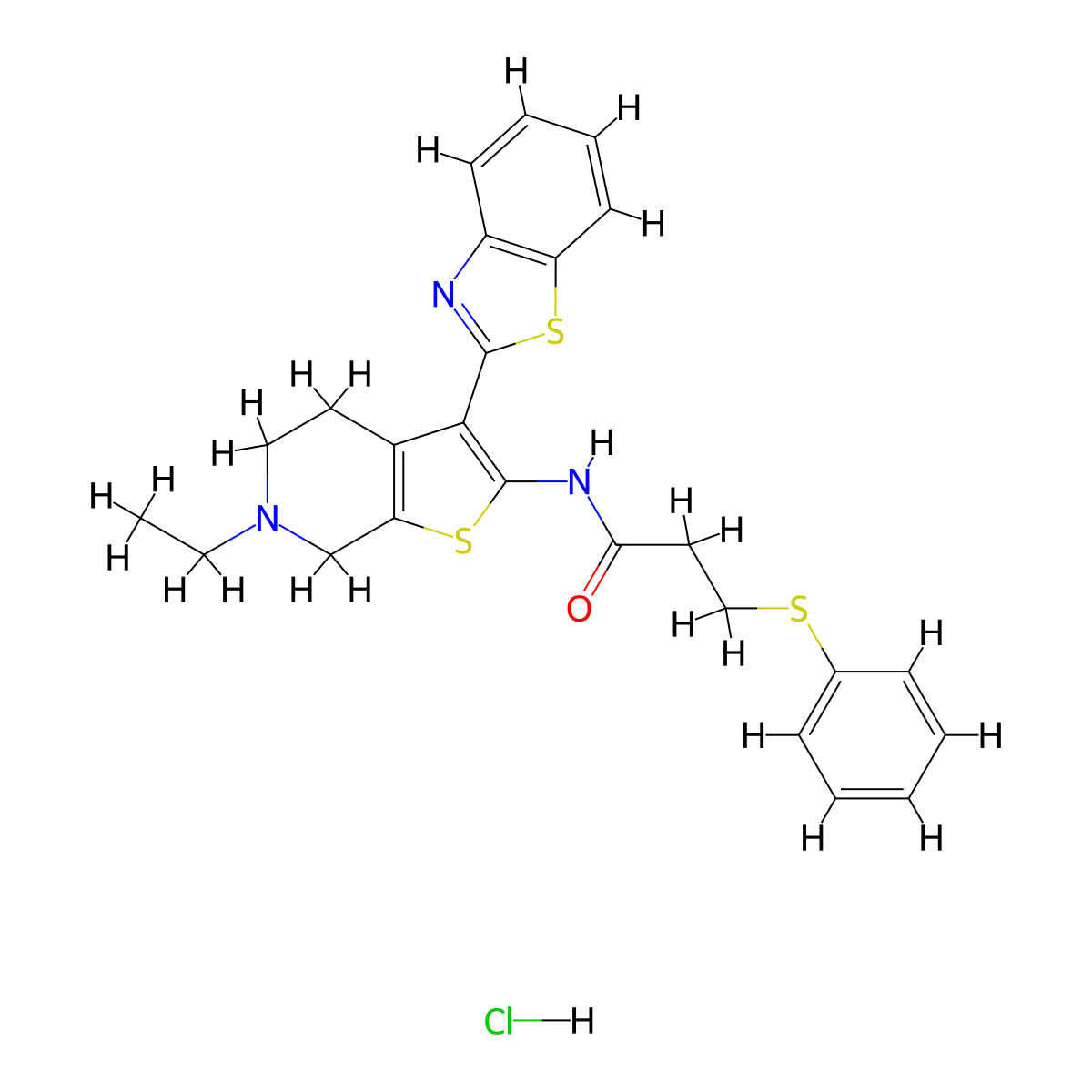 N-(3-(benzo[d]thiazol-2-yl)-6-ethyl-4,5,6,7-tetrahydrothieno[2,3-c]pyridin-2-yl)-3-(phenylthio)propanamide hydrochloride molecular structure, CAS 1185021-29-7