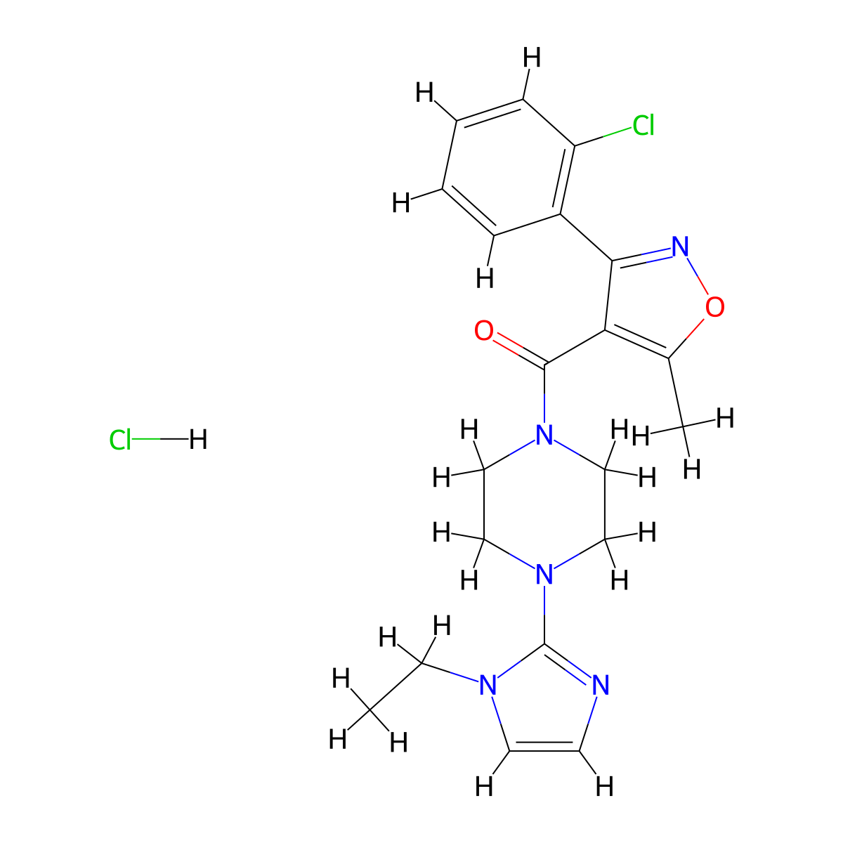 (3-(2-chlorophenyl)-5-methylisoxazol-4-yl)(4-(1-ethyl-1H-imidazol-2-yl)piperazin-1-yl)methanone hydrochloride molecular structure, CAS 1185021-61-7