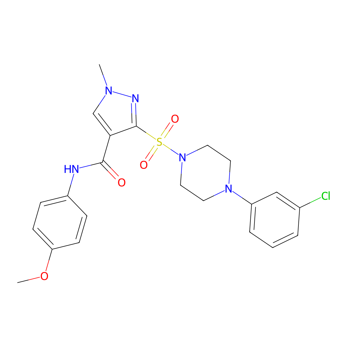 3-{[4-(3-chlorophenyl)piperazin-1-yl]sulfonyl}-N-(4-methoxyphenyl)-1-methyl-1H-pyrazole-4-carboxamide molecular structure, CAS 1185022-07-4