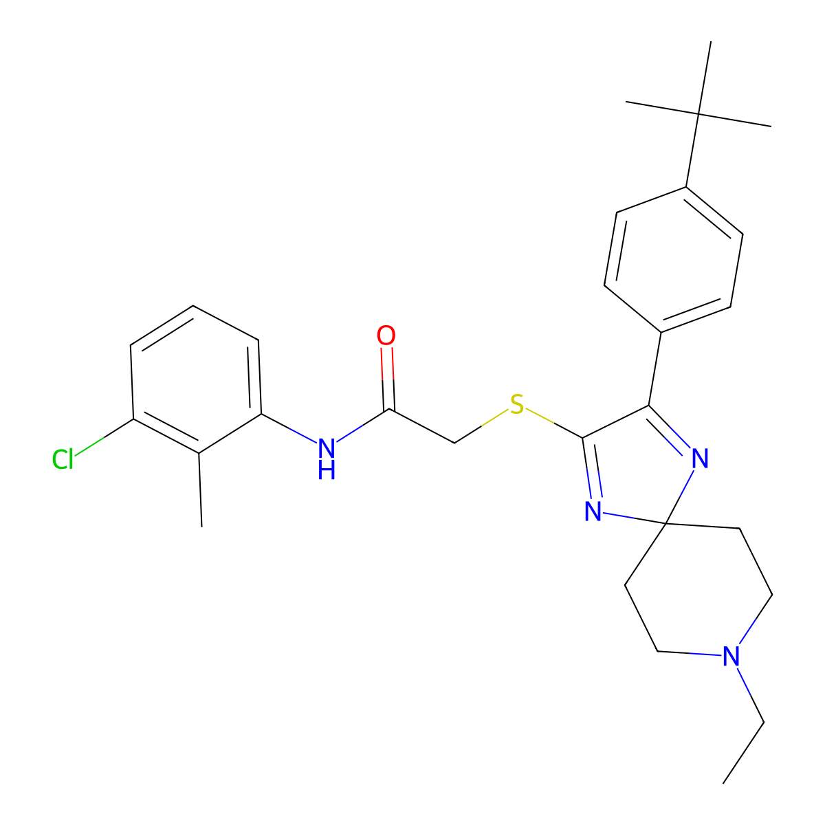2-((3-(4-(tert-butyl)phenyl)-8-ethyl-1,4,8-triazaspiro[4.5]deca-1,3-dien-2-yl)thio)-N-(3-chloro-2-methylphenyl)acetamide molecular structure, CAS 1185022-18-7