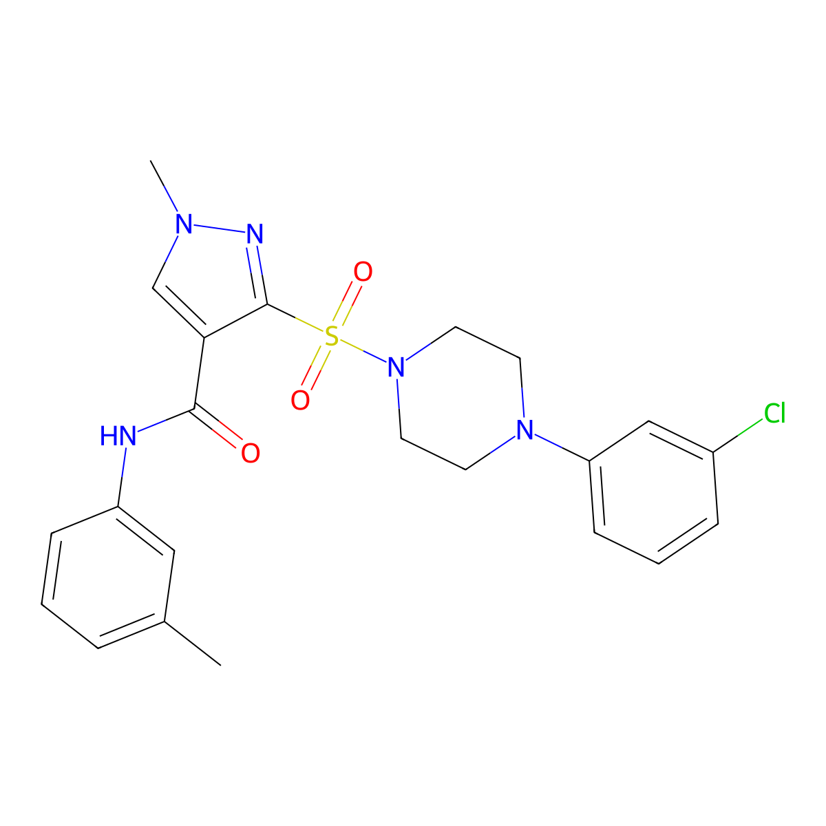 3-{[4-(3-chlorophenyl)piperazin-1-yl]sulfonyl}-1-methyl-N-(3-methylphenyl)-1H-pyrazole-4-carboxamide molecular structure, CAS 1185023-40-8