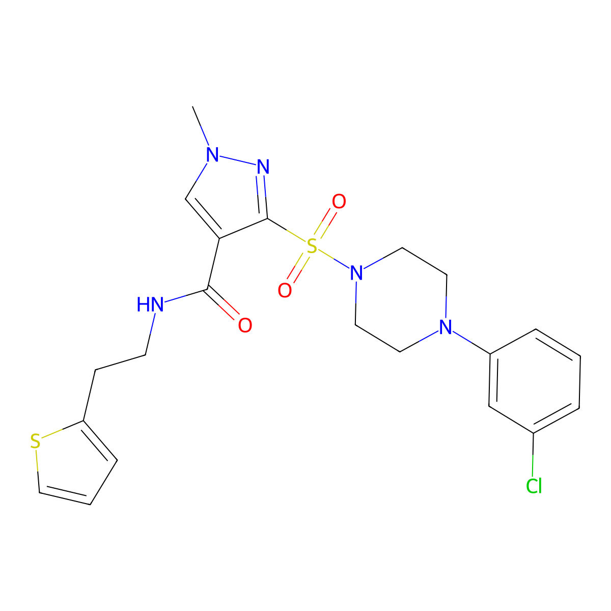 3-{[4-(3-chlorophenyl)piperazin-1-yl]sulfonyl}-1-methyl-N-[2-(thiophen-2-yl)ethyl]-1H-pyrazole-4-carboxamide molecular structure, CAS 1185028-46-9