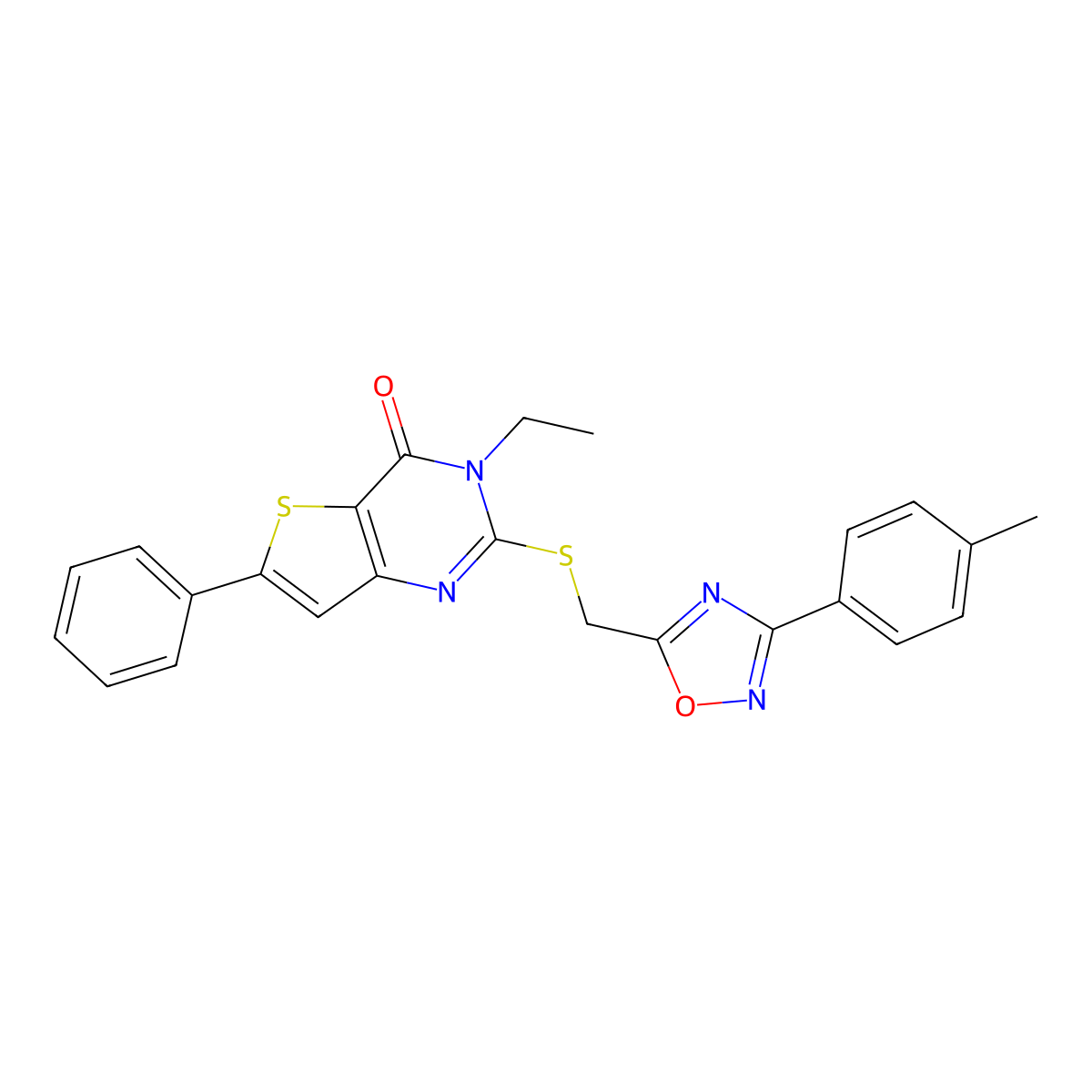 3-ethyl-2-({[3-(4-methylphenyl)-1,2,4-oxadiazol-5-yl]methyl}sulfanyl)-6-phenyl-3H,4H-thieno[3,2-d]pyrimidin-4-one molecular structure, CAS 1185028-64-1