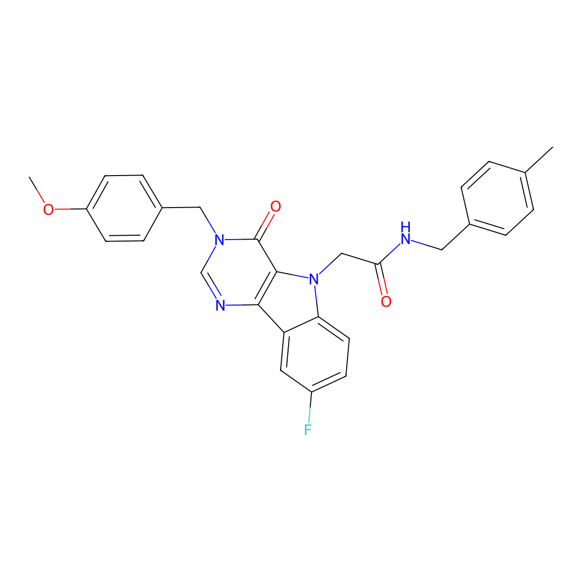 2-(8-fluoro-3-(4-methoxybenzyl)-4-oxo-3H-pyrimido[5,4-b]indol-5(4H)-yl)-N-(4-methylbenzyl)acetamide molecular structure, CAS 1185030-16-3
