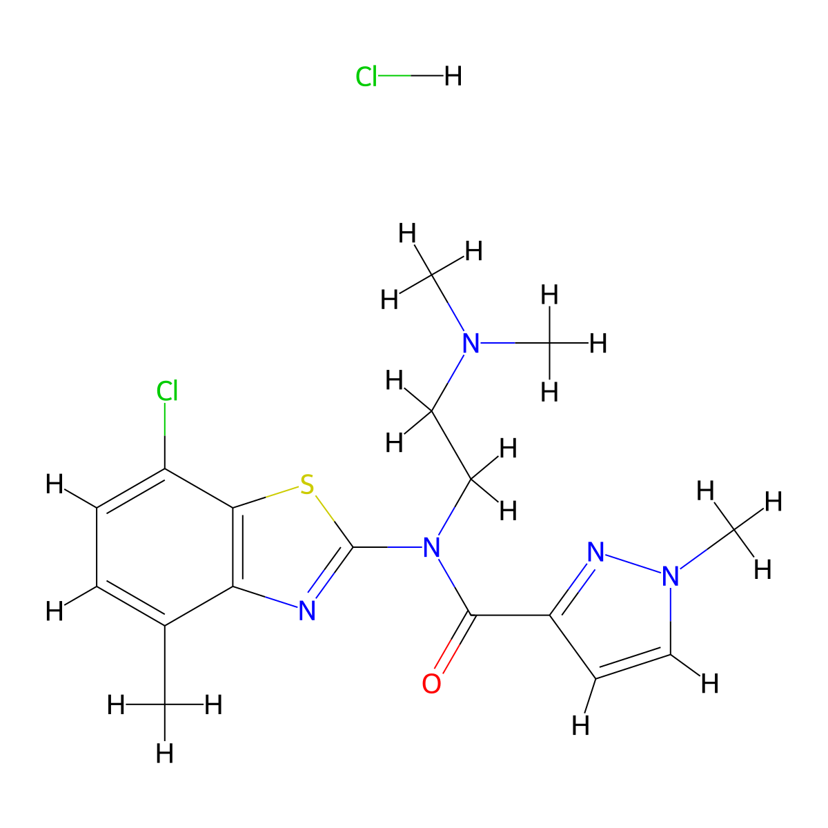 N-(7-chloro-4-methylbenzo[d]thiazol-2-yl)-N-(2-(dimethylamino)ethyl)-1-methyl-1H-pyrazole-3-carboxamide hydrochloride molecular structure, CAS 1185030-78-7