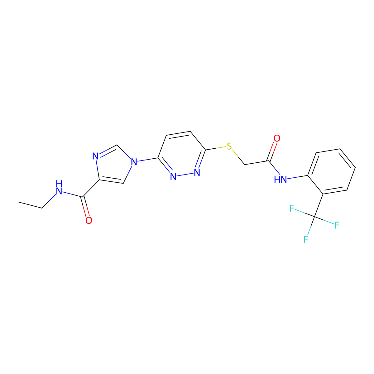 N-ethyl-1-{6-[({[2-(trifluoromethyl)phenyl]carbamoyl}methyl)sulfanyl]pyridazin-3-yl}-1H-imidazole-4-carboxamide molecular structure, CAS 1185030-85-6