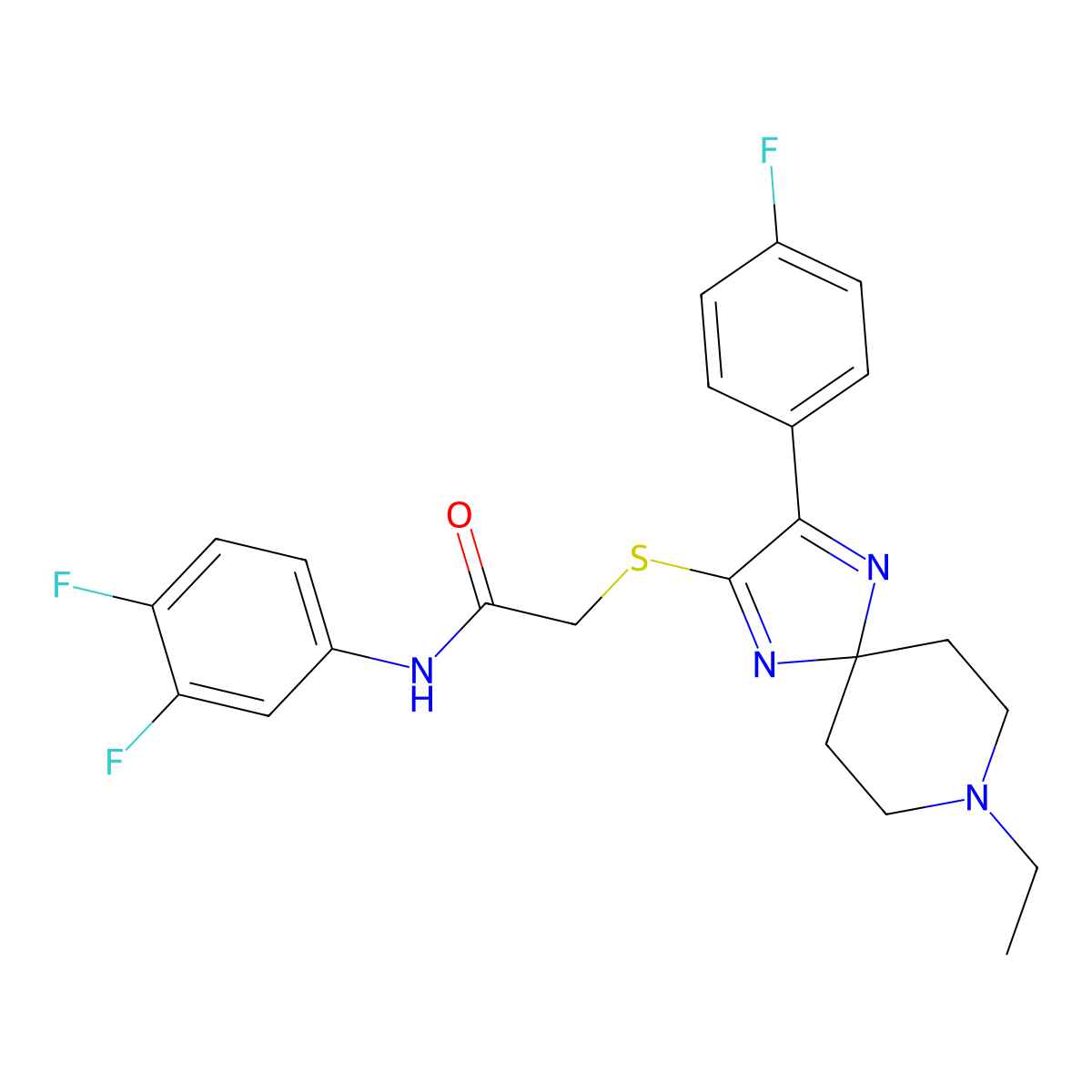 N-(3,4-difluorophenyl)-2-((8-ethyl-3-(4-fluorophenyl)-1,4,8-triazaspiro[4.5]deca-1,3-dien-2-yl)thio)acetamide molecular structure, CAS 1185033-31-1