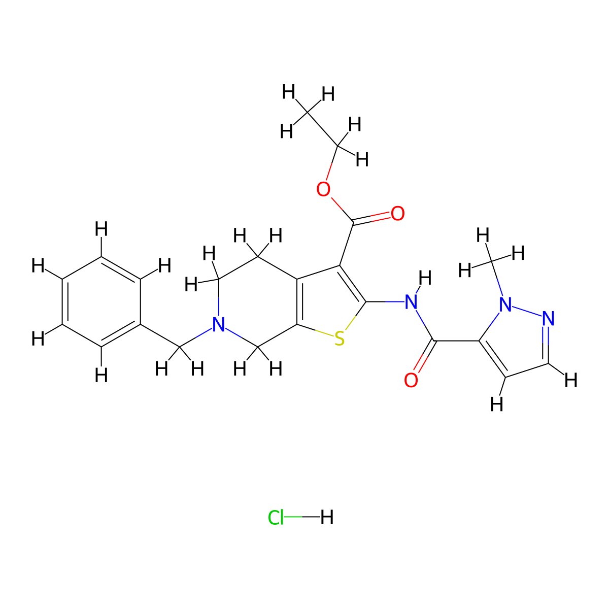 ethyl 6-benzyl-2-(1-methyl-1H-pyrazole-5-carboxamido)-4,5,6,7-tetrahydrothieno[2,3-c]pyridine-3-carboxylate hydrochloride molecular structure, CAS 1185033-65-1
