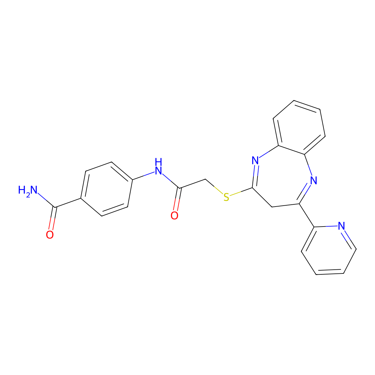 4-(2-{[4-(pyridin-2-yl)-3H-1,5-benzodiazepin-2-yl]sulfanyl}acetamido)benzamide molecular structure, CAS 1185034-93-8