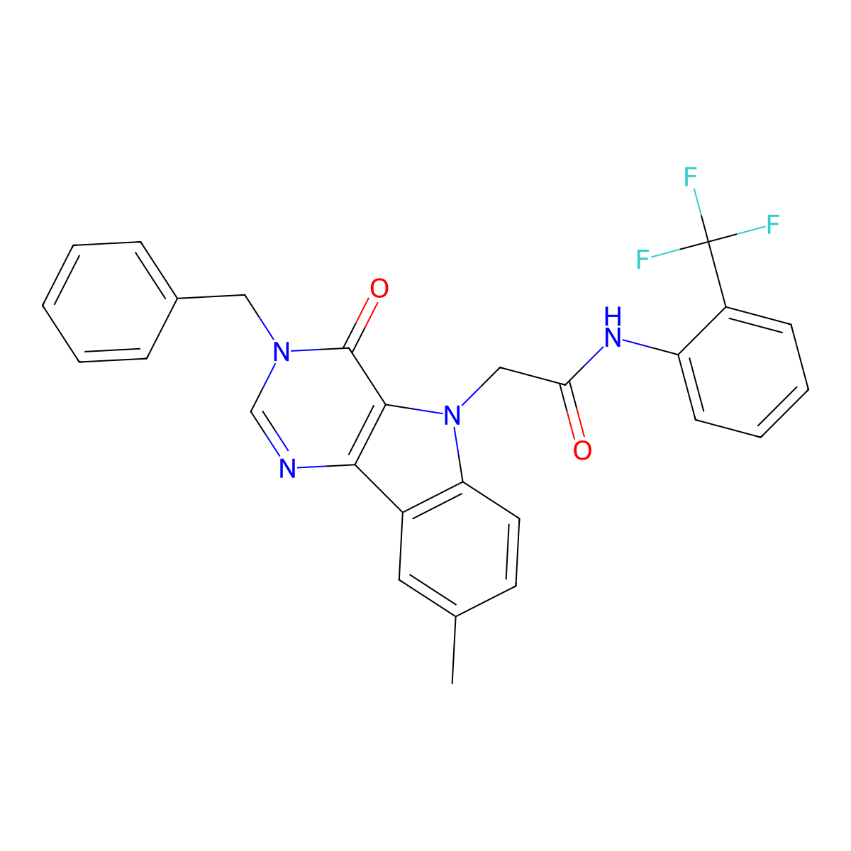 2-(3-benzyl-8-methyl-4-oxo-3H-pyrimido[5,4-b]indol-5(4H)-yl)-N-(2-(trifluoromethyl)phenyl)acetamide molecular structure, CAS 1185036-13-8