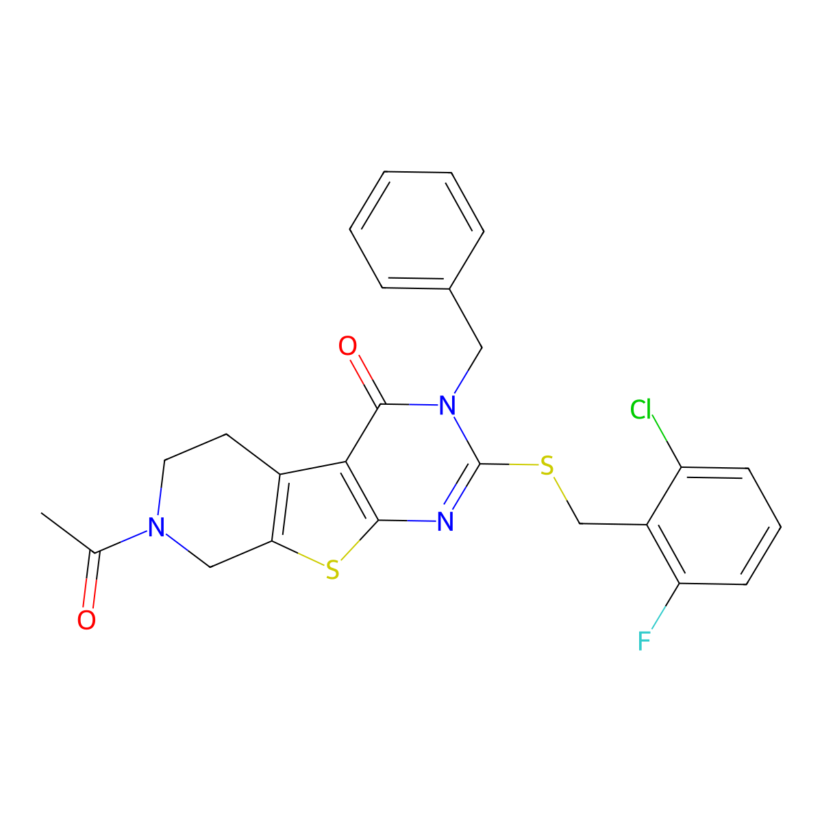 7-acetyl-3-benzyl-2-((2-chloro-6-fluorobenzyl)thio)-5,6,7,8-tetrahydropyrido[4',3':4,5]thieno[2,3-d]pyrimidin-4(3H)-one molecular structure, CAS 1185036-78-5