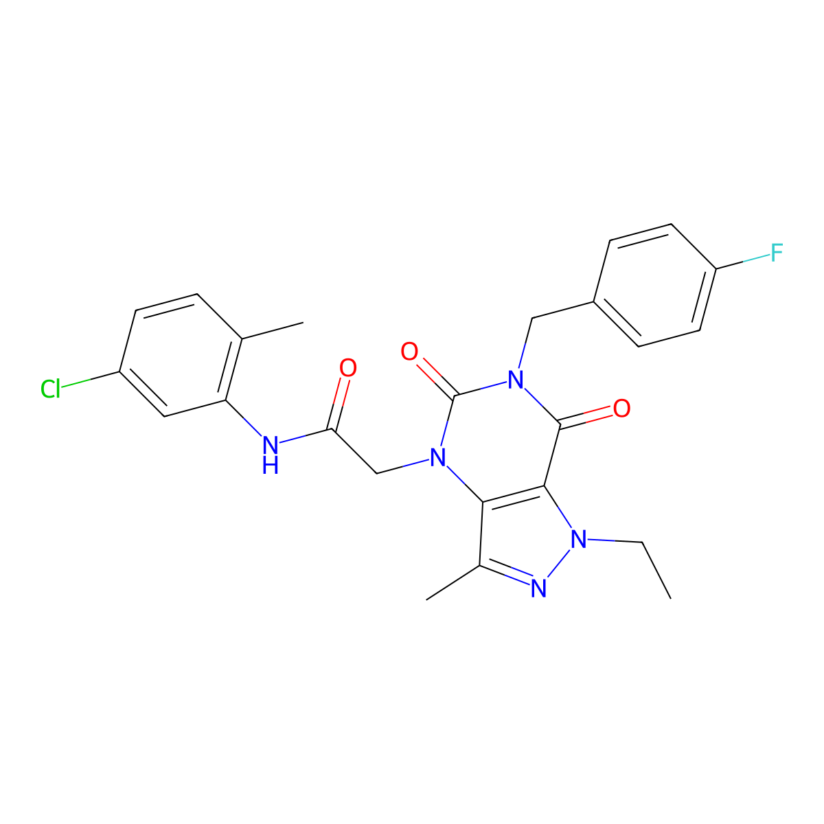 N-(5-chloro-2-methylphenyl)-2-(1-ethyl-6-(4-fluorobenzyl)-3-methyl-5,7-dioxo-6,7-dihydro-1H-pyrazolo[4,3-d]pyrimidin-4(5H)-yl)acetamide molecular structure, CAS 1185038-33-8