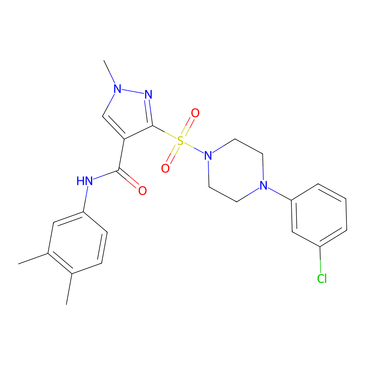 3-{[4-(3-chlorophenyl)piperazin-1-yl]sulfonyl}-N-(3,4-dimethylphenyl)-1-methyl-1H-pyrazole-4-carboxamide molecular structure, CAS 1185039-32-0